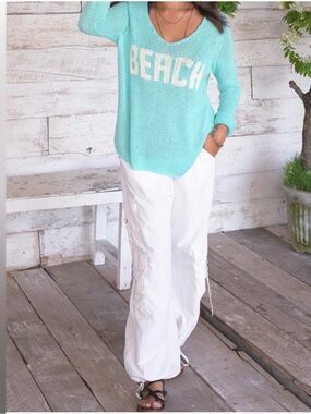 Wooden Ships by Paola Buendia Beach V-Neck Cotton Sweater Surf Jack Aqua/White